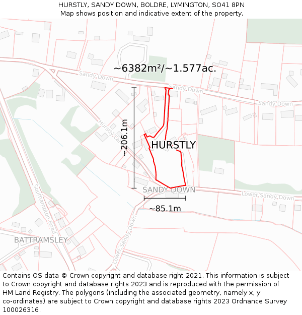 HURSTLY, SANDY DOWN, BOLDRE, LYMINGTON, SO41 8PN: Plot and title map