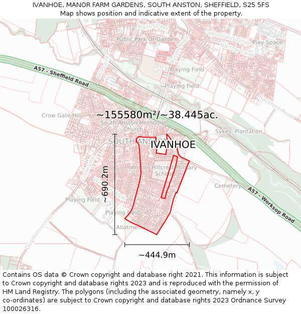 IVANHOE, MANOR FARM GARDENS, SOUTH ANSTON, SHEFFIELD, S25 5FS: Plot and title map