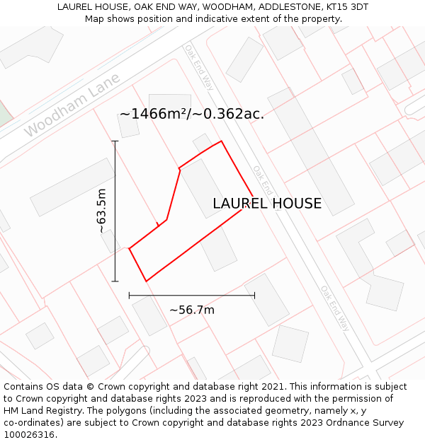 LAUREL HOUSE, OAK END WAY, WOODHAM, ADDLESTONE, KT15 3DT: Plot and title map