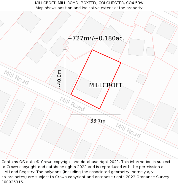 MILLCROFT, MILL ROAD, BOXTED, COLCHESTER, CO4 5RW: Plot and title map