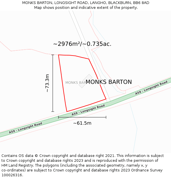 MONKS BARTON, LONGSIGHT ROAD, LANGHO, BLACKBURN, BB6 8AD: Plot and title map