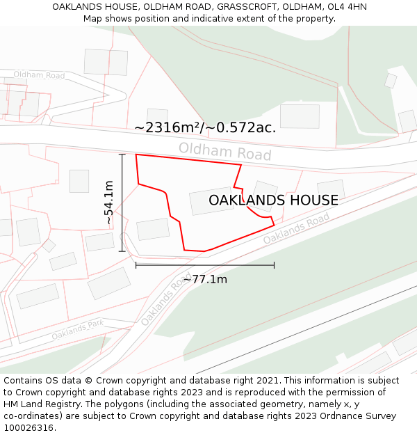 OAKLANDS HOUSE, OLDHAM ROAD, GRASSCROFT, OLDHAM, OL4 4HN: Plot and title map