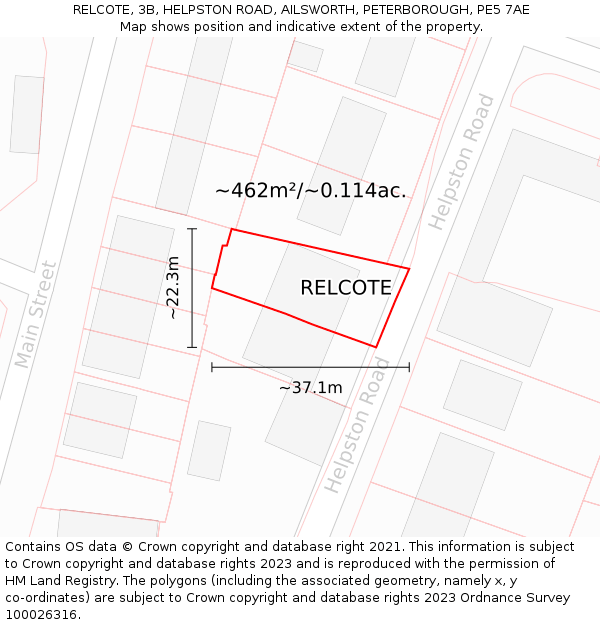 RELCOTE, 3B, HELPSTON ROAD, AILSWORTH, PETERBOROUGH, PE5 7AE: Plot and title map