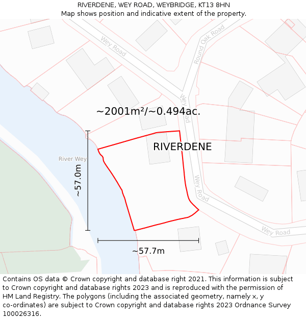 RIVERDENE, WEY ROAD, WEYBRIDGE, KT13 8HN: Plot and title map
