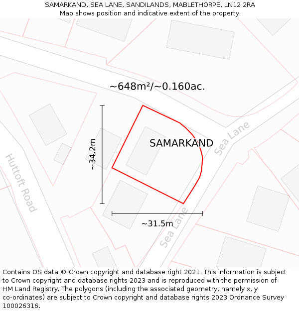 SAMARKAND, SEA LANE, SANDILANDS, MABLETHORPE, LN12 2RA: Plot and title map