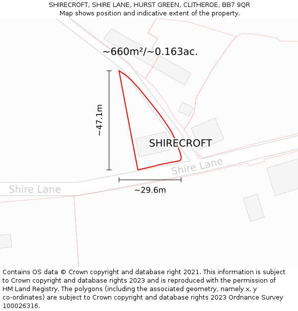 SHIRECROFT, SHIRE LANE, HURST GREEN, CLITHEROE, BB7 9QR: Plot and title map