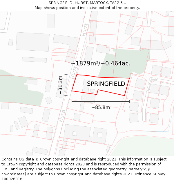 SPRINGFIELD, HURST, MARTOCK, TA12 6JU: Plot and title map