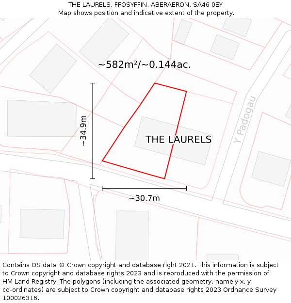 THE LAURELS, FFOSYFFIN, ABERAERON, SA46 0EY: Plot and title map