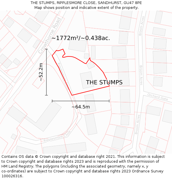 THE STUMPS, RIPPLESMORE CLOSE, SANDHURST, GU47 8PE: Plot and title map