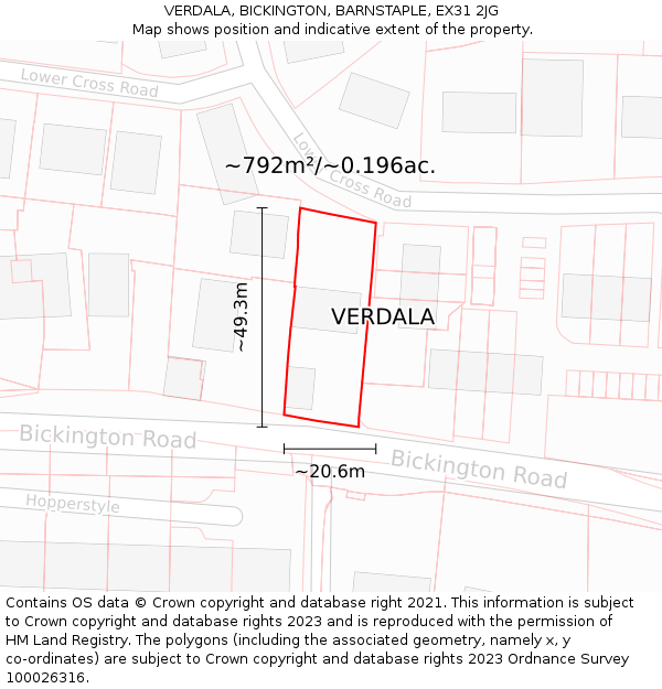 VERDALA, BICKINGTON, BARNSTAPLE, EX31 2JG: Plot and title map