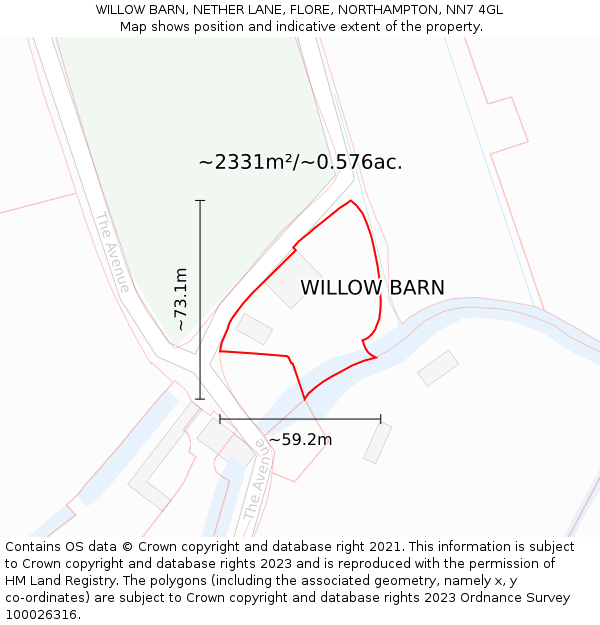WILLOW BARN, NETHER LANE, FLORE, NORTHAMPTON, NN7 4GL: Plot and title map
