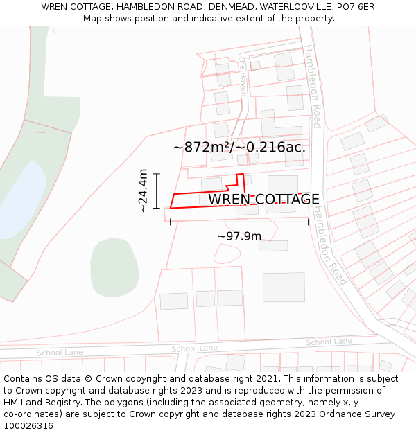 WREN COTTAGE, HAMBLEDON ROAD, DENMEAD, WATERLOOVILLE, PO7 6ER: Plot and title map