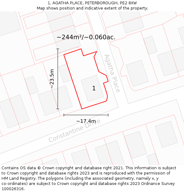 1, AGATHA PLACE, PETERBOROUGH, PE2 8XW: Plot and title map