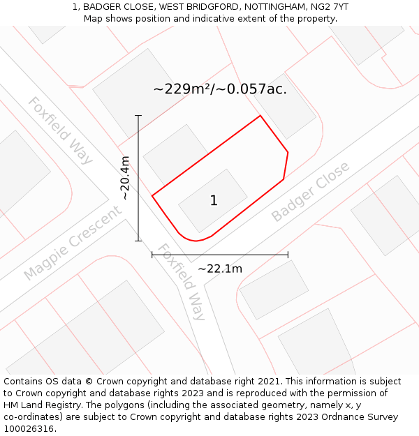 1, BADGER CLOSE, WEST BRIDGFORD, NOTTINGHAM, NG2 7YT: Plot and title map