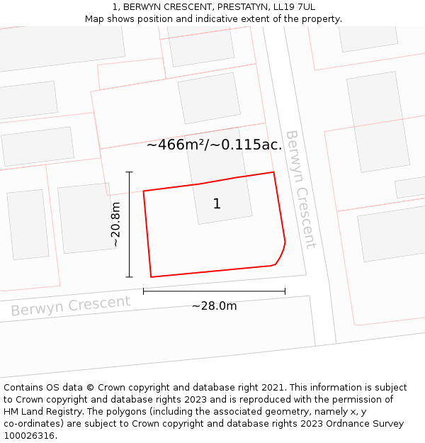 1, BERWYN CRESCENT, PRESTATYN, LL19 7UL: Plot and title map