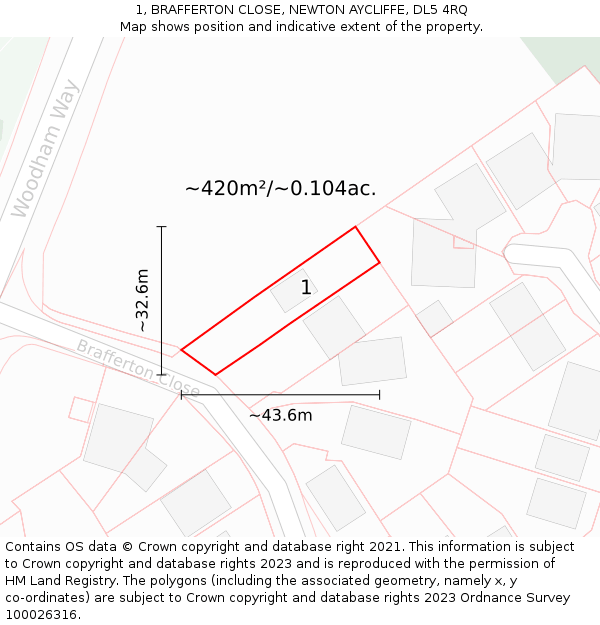 1, BRAFFERTON CLOSE, NEWTON AYCLIFFE, DL5 4RQ: Plot and title map