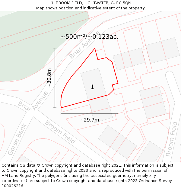 1, BROOM FIELD, LIGHTWATER, GU18 5QN: Plot and title map