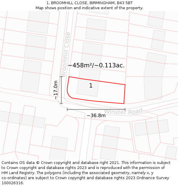 1, BROOMHILL CLOSE, BIRMINGHAM, B43 5BT: Plot and title map