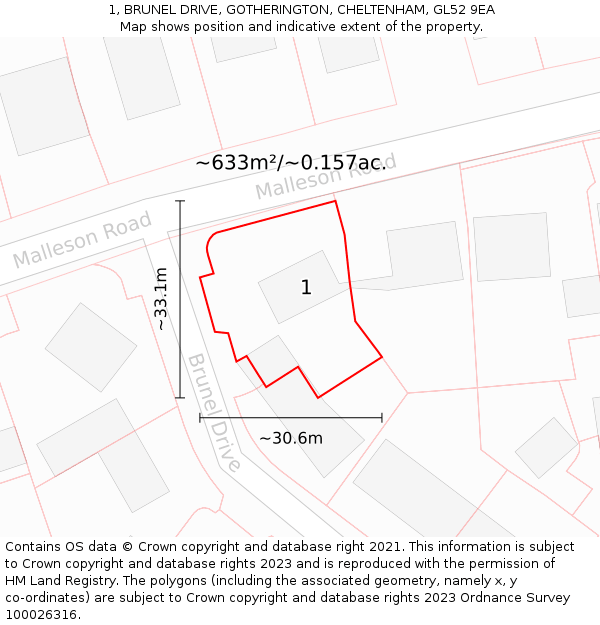 1, BRUNEL DRIVE, GOTHERINGTON, CHELTENHAM, GL52 9EA: Plot and title map