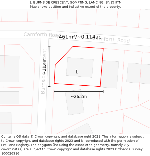 1, BURNSIDE CRESCENT, SOMPTING, LANCING, BN15 9TN: Plot and title map