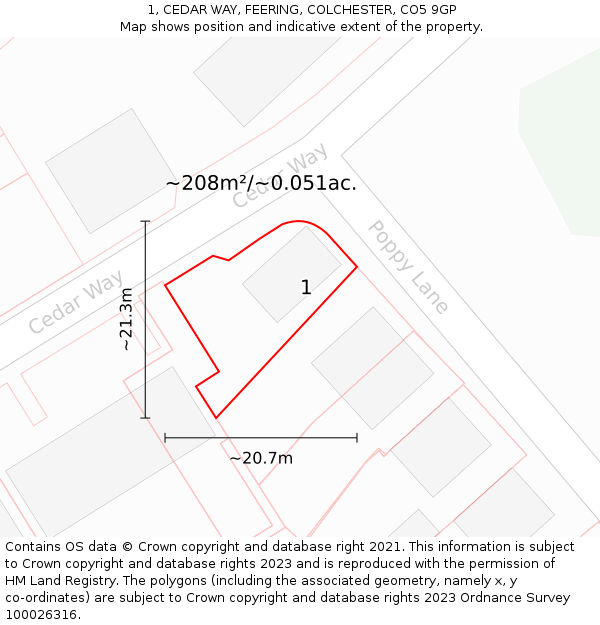 1, CEDAR WAY, FEERING, COLCHESTER, CO5 9GP: Plot and title map
