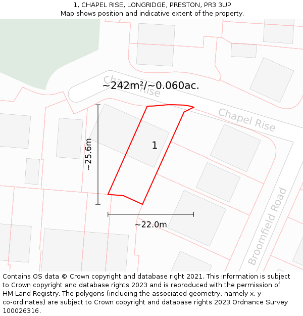 1, CHAPEL RISE, LONGRIDGE, PRESTON, PR3 3UP: Plot and title map