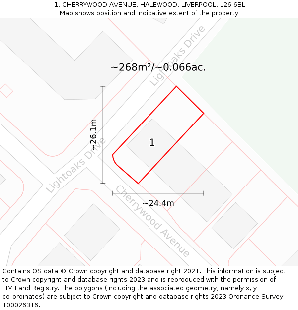 1, CHERRYWOOD AVENUE, HALEWOOD, LIVERPOOL, L26 6BL: Plot and title map