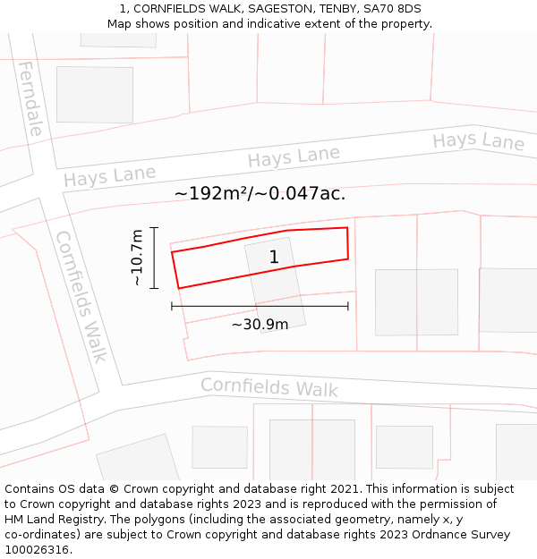1, CORNFIELDS WALK, SAGESTON, TENBY, SA70 8DS: Plot and title map