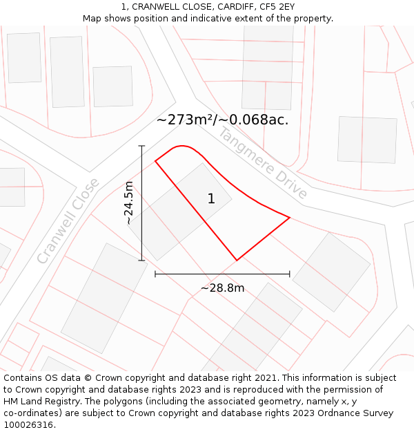 1, CRANWELL CLOSE, CARDIFF, CF5 2EY: Plot and title map