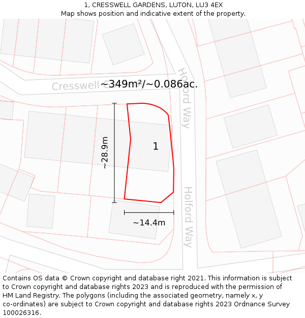1, CRESSWELL GARDENS, LUTON, LU3 4EX: Plot and title map