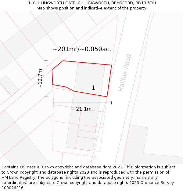 1, CULLINGWORTH GATE, CULLINGWORTH, BRADFORD, BD13 5DH: Plot and title map