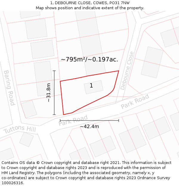 1, DEBOURNE CLOSE, COWES, PO31 7NW: Plot and title map