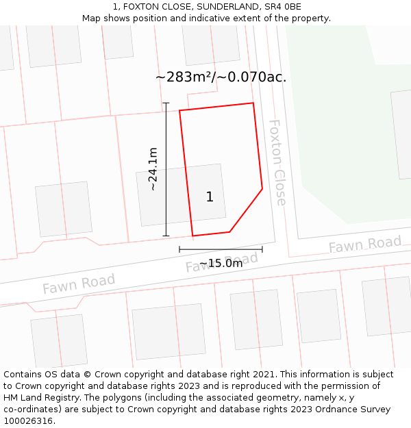 1, FOXTON CLOSE, SUNDERLAND, SR4 0BE: Plot and title map