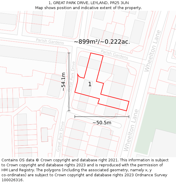 1, GREAT PARK DRIVE, LEYLAND, PR25 3UN: Plot and title map