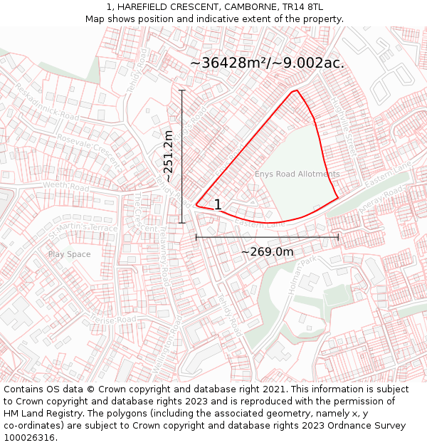 1, HAREFIELD CRESCENT, CAMBORNE, TR14 8TL: Plot and title map
