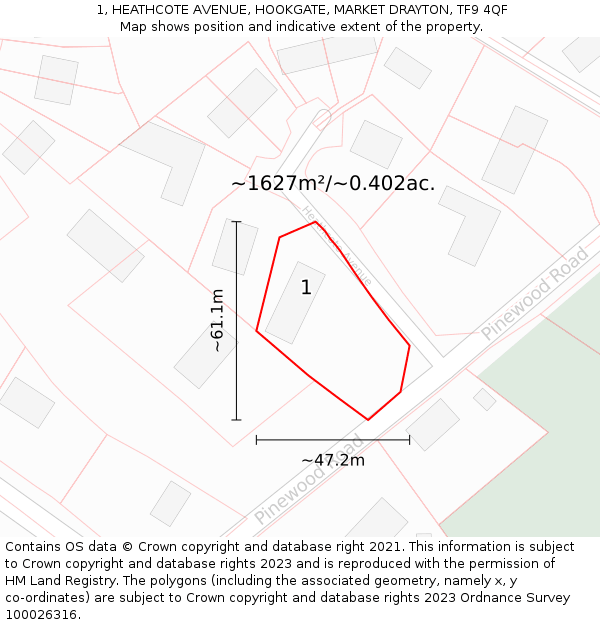1, HEATHCOTE AVENUE, HOOKGATE, MARKET DRAYTON, TF9 4QF: Plot and title map