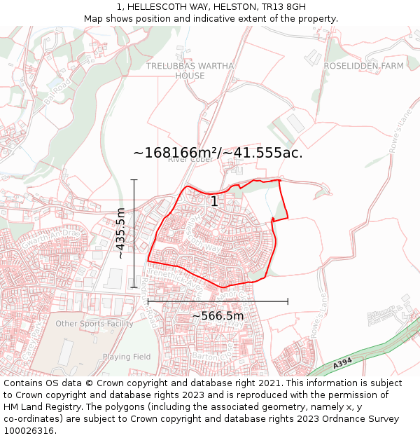 1, HELLESCOTH WAY, HELSTON, TR13 8GH: Plot and title map