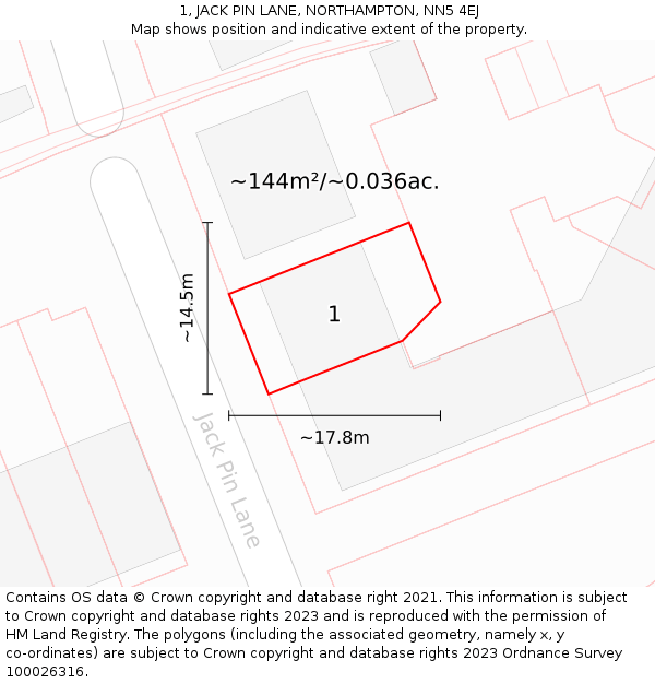 1, JACK PIN LANE, NORTHAMPTON, NN5 4EJ: Plot and title map