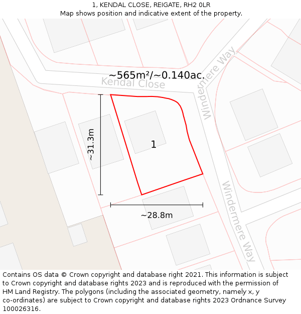1, KENDAL CLOSE, REIGATE, RH2 0LR: Plot and title map