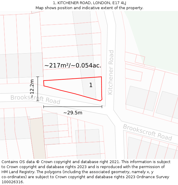 1, KITCHENER ROAD, LONDON, E17 4LJ: Plot and title map