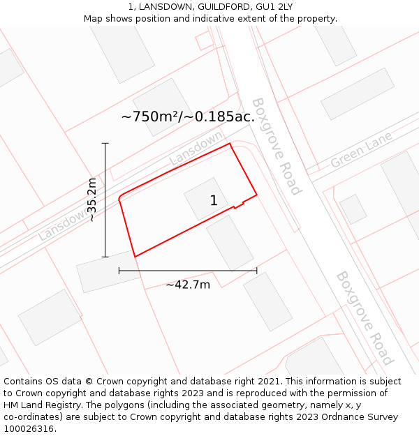 1, LANSDOWN, GUILDFORD, GU1 2LY: Plot and title map