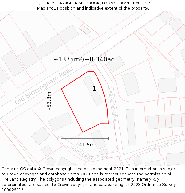1, LICKEY GRANGE, MARLBROOK, BROMSGROVE, B60 1NP: Plot and title map