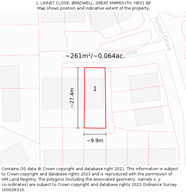 1, LINNET CLOSE, BRADWELL, GREAT YARMOUTH, NR31 8JF: Plot and title map