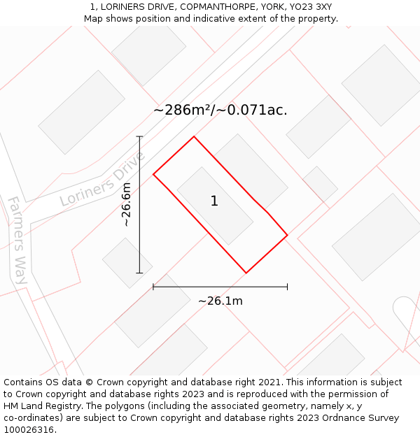 1, LORINERS DRIVE, COPMANTHORPE, YORK, YO23 3XY: Plot and title map