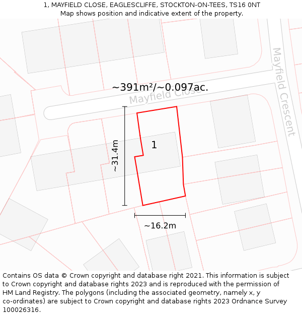 1, MAYFIELD CLOSE, EAGLESCLIFFE, STOCKTON-ON-TEES, TS16 0NT: Plot and title map