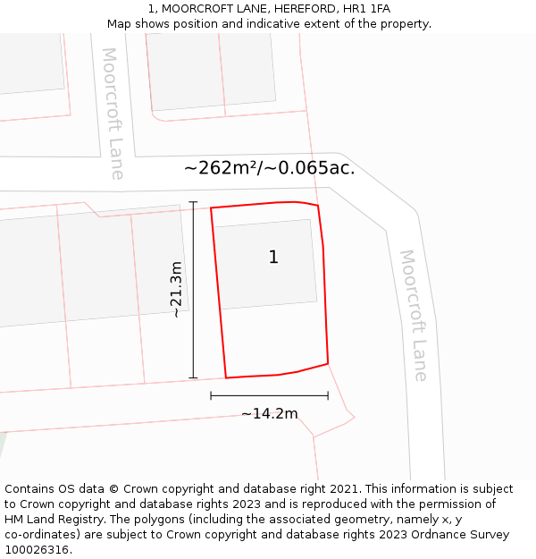 1, MOORCROFT LANE, HEREFORD, HR1 1FA: Plot and title map