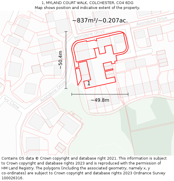 1, MYLAND COURT WALK, COLCHESTER, CO4 6DG: Plot and title map