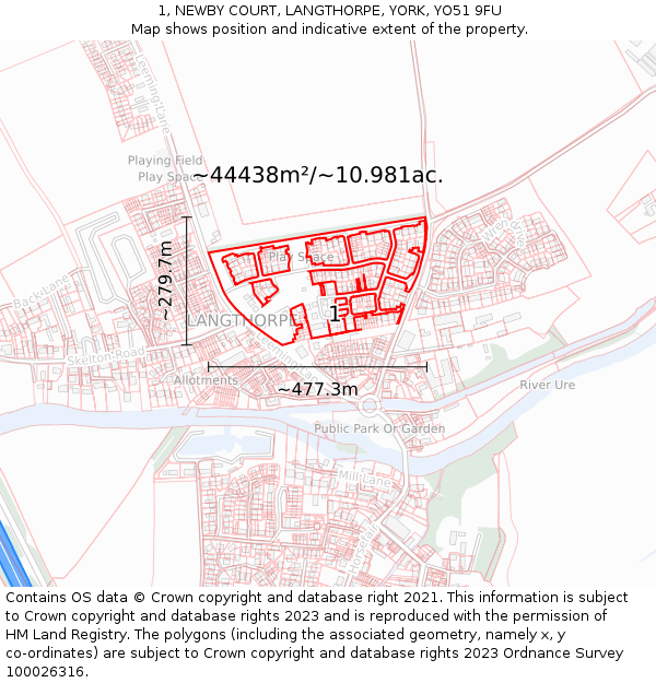 1, NEWBY COURT, LANGTHORPE, YORK, YO51 9FU: Plot and title map