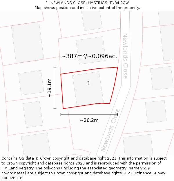 1, NEWLANDS CLOSE, HASTINGS, TN34 2QW: Plot and title map