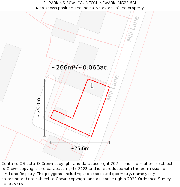 1, PARKINS ROW, CAUNTON, NEWARK, NG23 6AL: Plot and title map